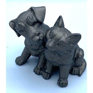French Spelter Metal Puppy and Kitten Figurine Vintage 1920's